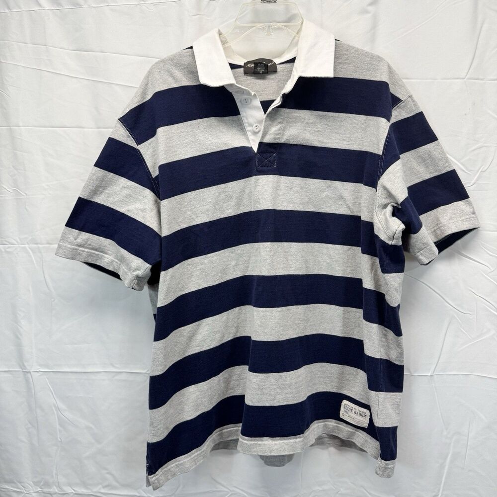 Eddie Bauer Rugby Polo Shirt XL Striped Blue Gray Cotton Preppy Coastal Retro